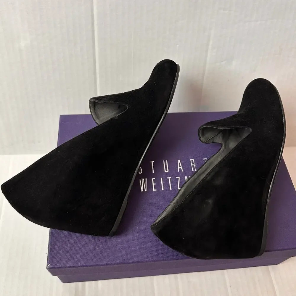Stuart Weitzman Size 7.5 Black Suede Arise Wedge Heel Closed Toe Shoe Office - Picture 10 of 11
